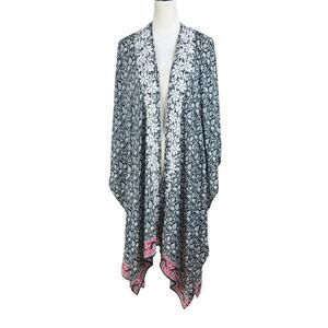Karyn Seo Silk Black White Pattern Open Front Embroidered Floral Trim Kimono